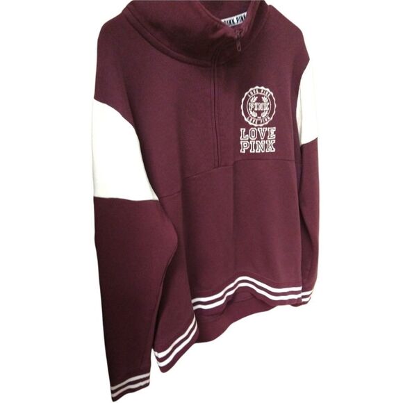PINK VICTORIA SECRET oversized maroon & white 1/2 zip up pullover Sweatshirt - Picture 7 of 15